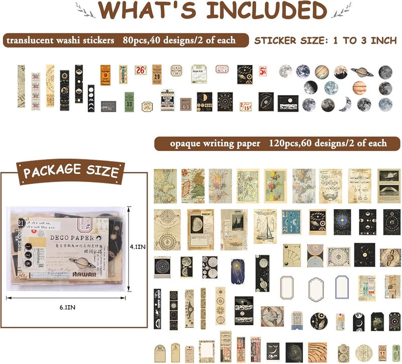MITINU Scrapbook Supplies Pack (200 Pieces) for Art Journaling Bullet Junk Journal Supplies Planners DIY Vintage Stickers Craft Kits Notebook Collage Album Aesthetic Picture Frames (Celestial) - Image 2